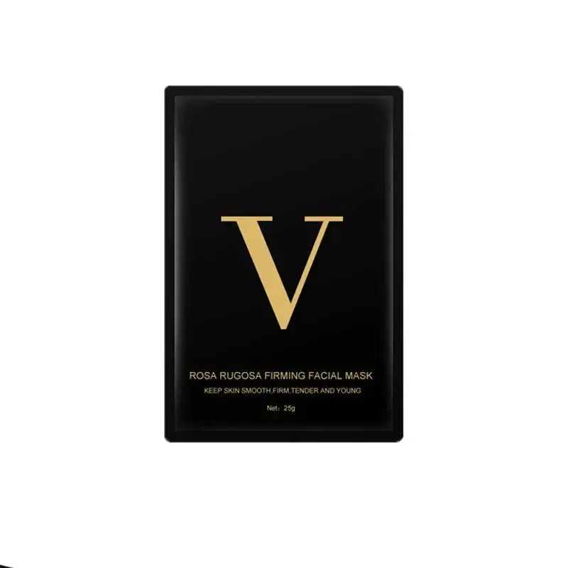 Black packet with a gold ’V’ logo for a Rosa Rugosa firming facial mask.