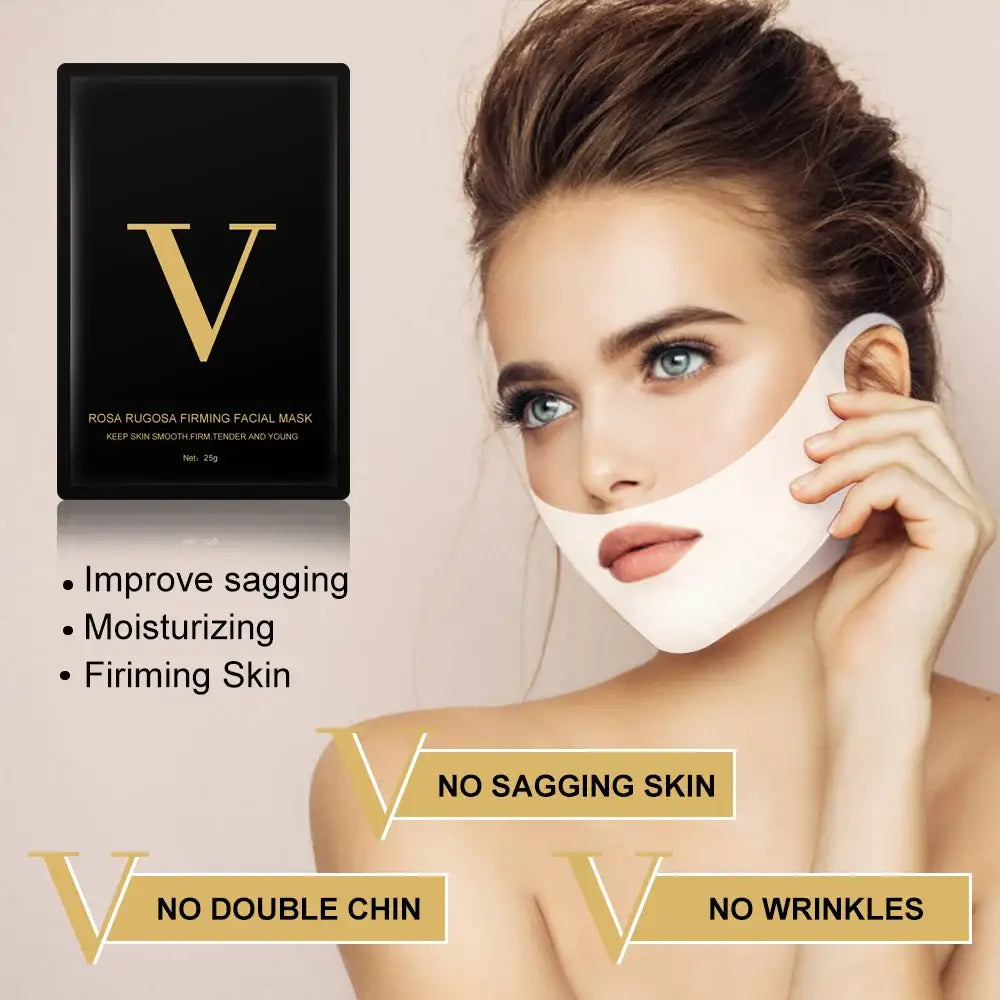 Facial mask or skincare product advertisement featuring a woman applying a white mask to her face, with text highlighting anti-aging benefits.