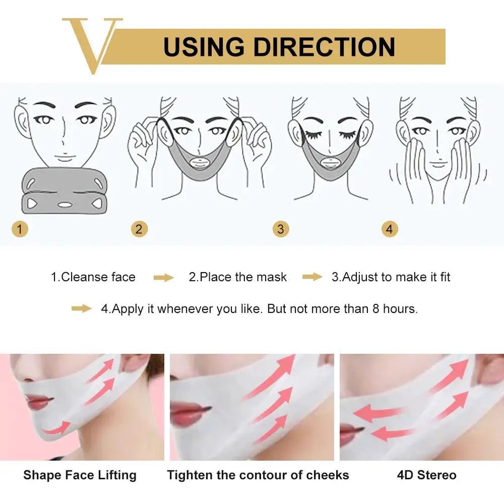 Instructions for using a face-lifting mask, including application steps and benefits.