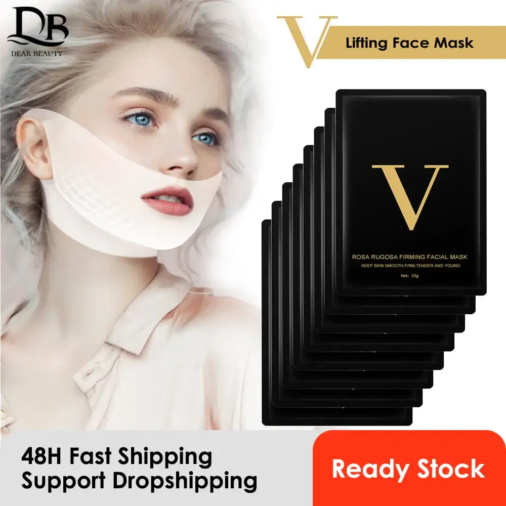 V-shaped lifting face mask shown in product packaging and on a model’s face.