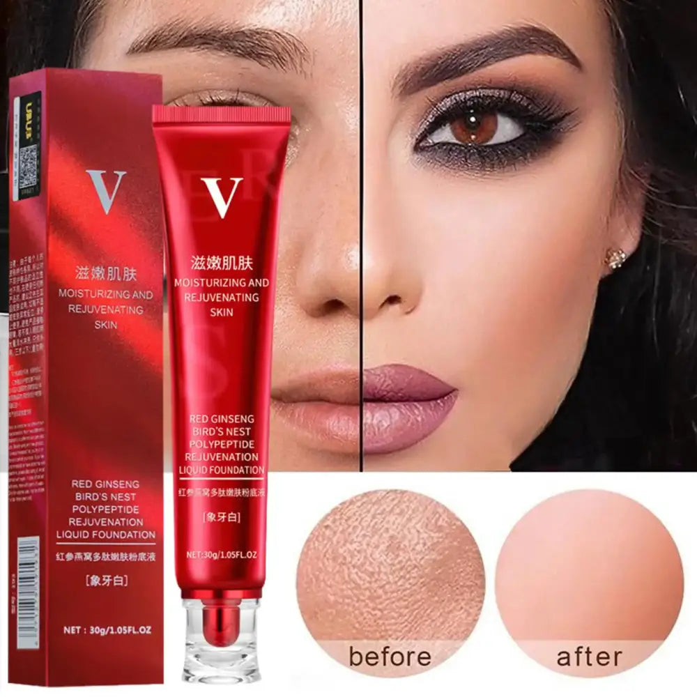 Red tube of skincare product labeled ’V’ with before and after skin texture comparison images.