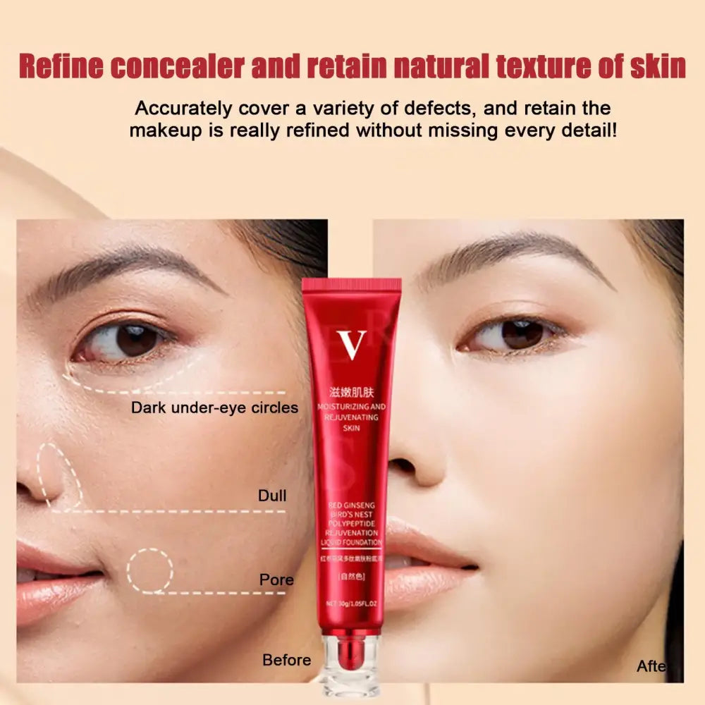 Red tube of concealer makeup product with a ’V’ logo.