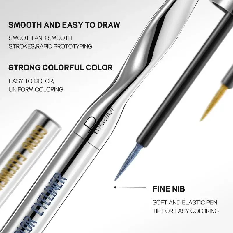 Sleek metallic pen with a fine nib and colorful ink cartridge visible.