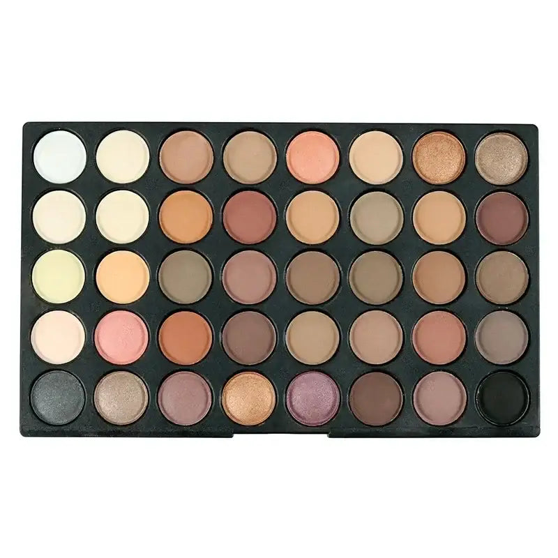 Eyeshadow palette containing 40 circular pans of neutral and earth-toned shades.