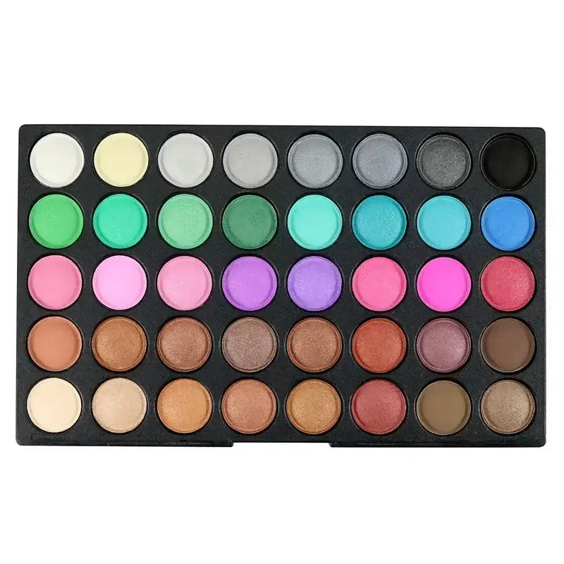 Eyeshadow palette with 40 colorful circular pans arranged in rows.