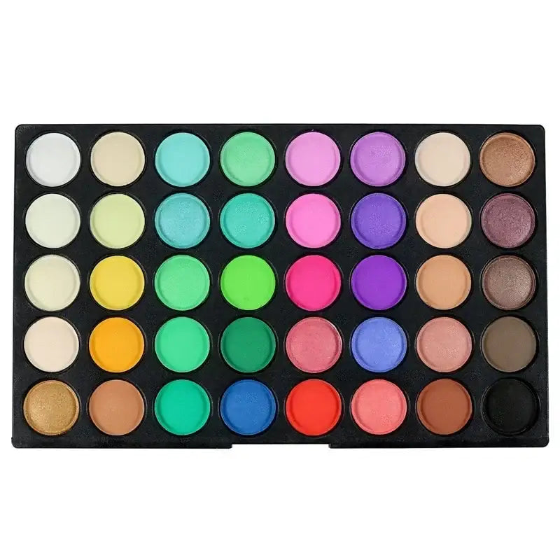 Colorful eyeshadow palette with 40 circular pans of various shades.