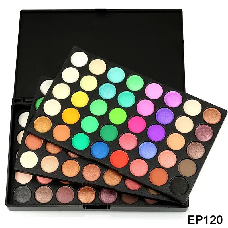 Colorful eyeshadow palette with multiple round pans of various shades.