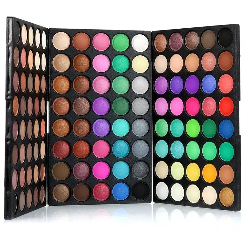 Colorful eyeshadow palette with multiple rows of vibrant shades.