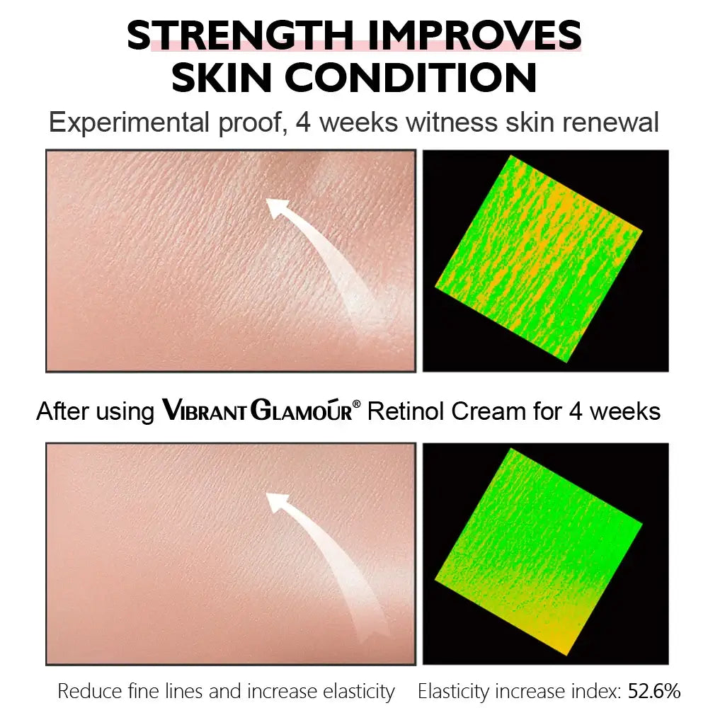 Advertisement for a skincare product showing before and after images of skin texture and elasticity.