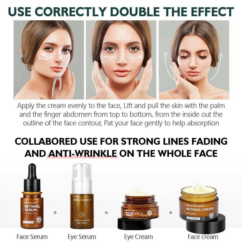 Advertisement for skincare products featuring application instructions and images of various serums and creams.