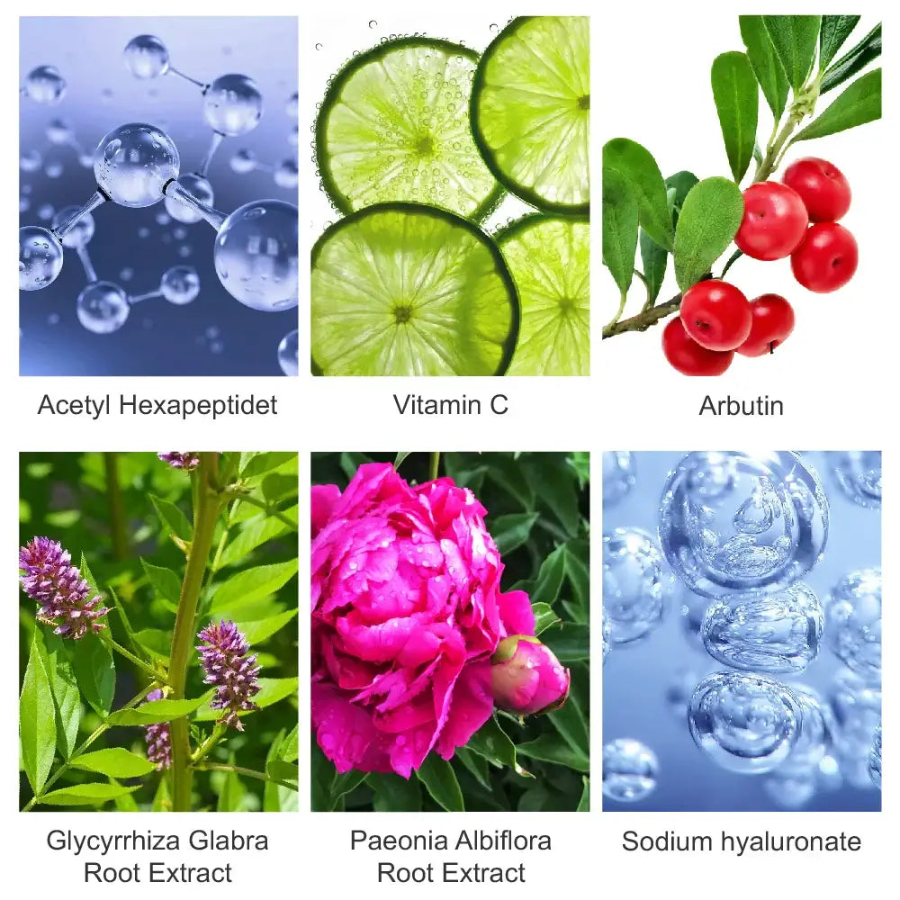 Collage of six images showing various natural ingredients and compounds used in skincare products.