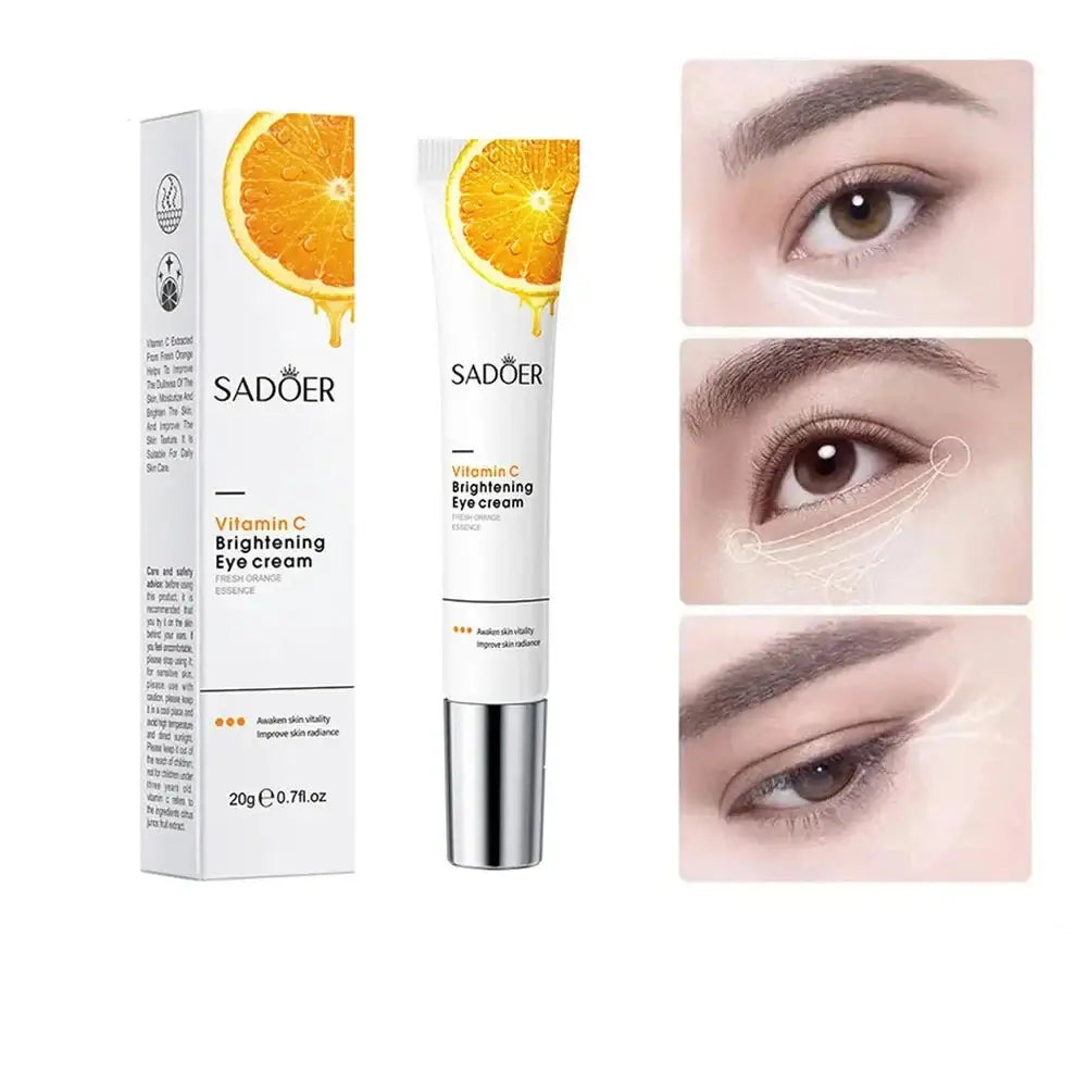 Vitamin C brightening eye cream product with orange slice imagery and eye close-ups showing its effects.