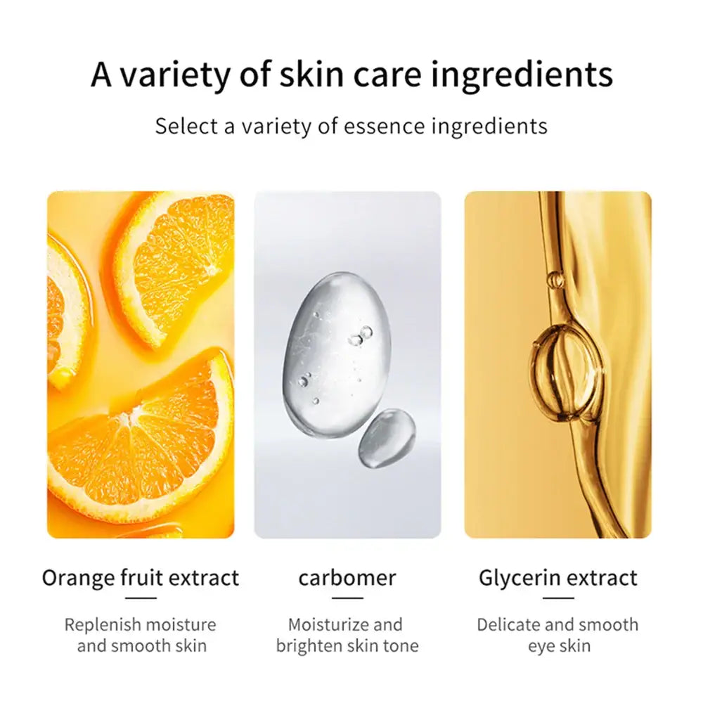 Infographic showing three skin care ingredients: orange fruit extract, carbomer, and glycerin extract, with their benefits listed below each image.