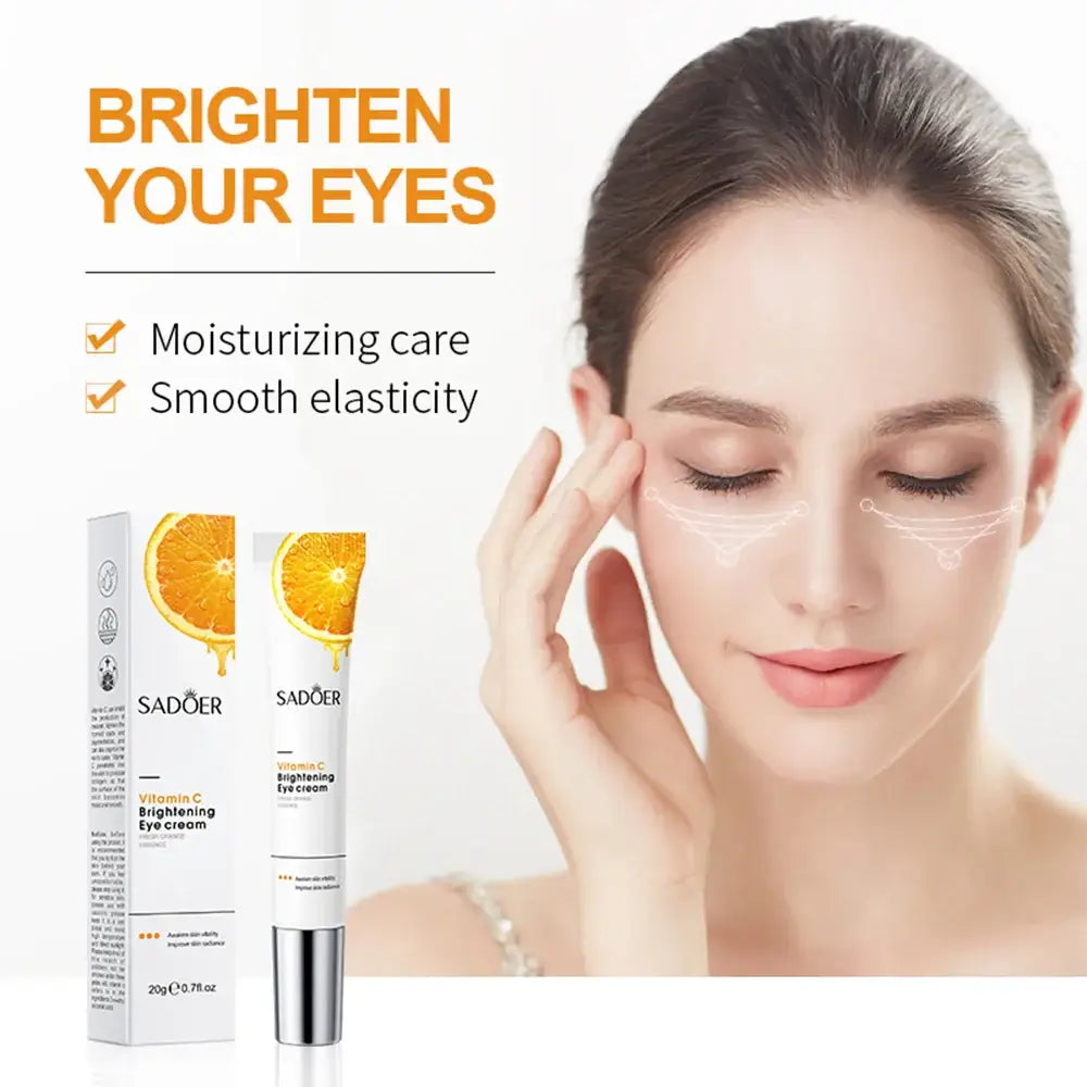 Eye cream product advertisement featuring a woman applying cream near her eyes.