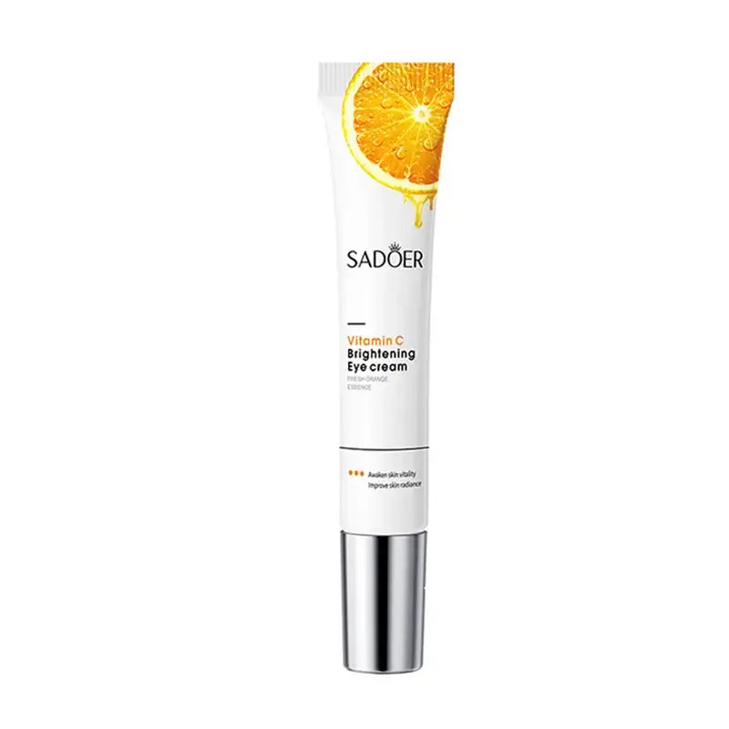 Tube of Sadoer brightening eye cream with an orange slice graphic.