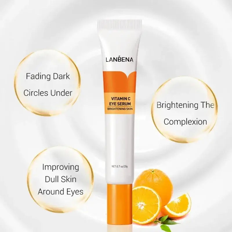 Vitamin C eye serum tube with orange accents and product benefits listed around it.