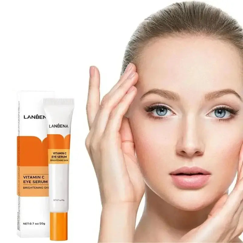 Vitamin C eye serum product alongside a woman’s face demonstrating application.