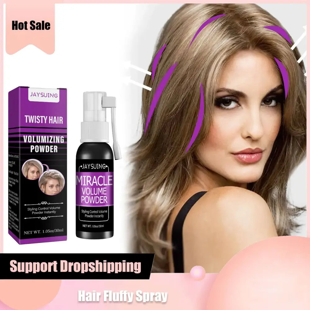 Hair volumizing powder product with packaging and model image showcasing styled hair.