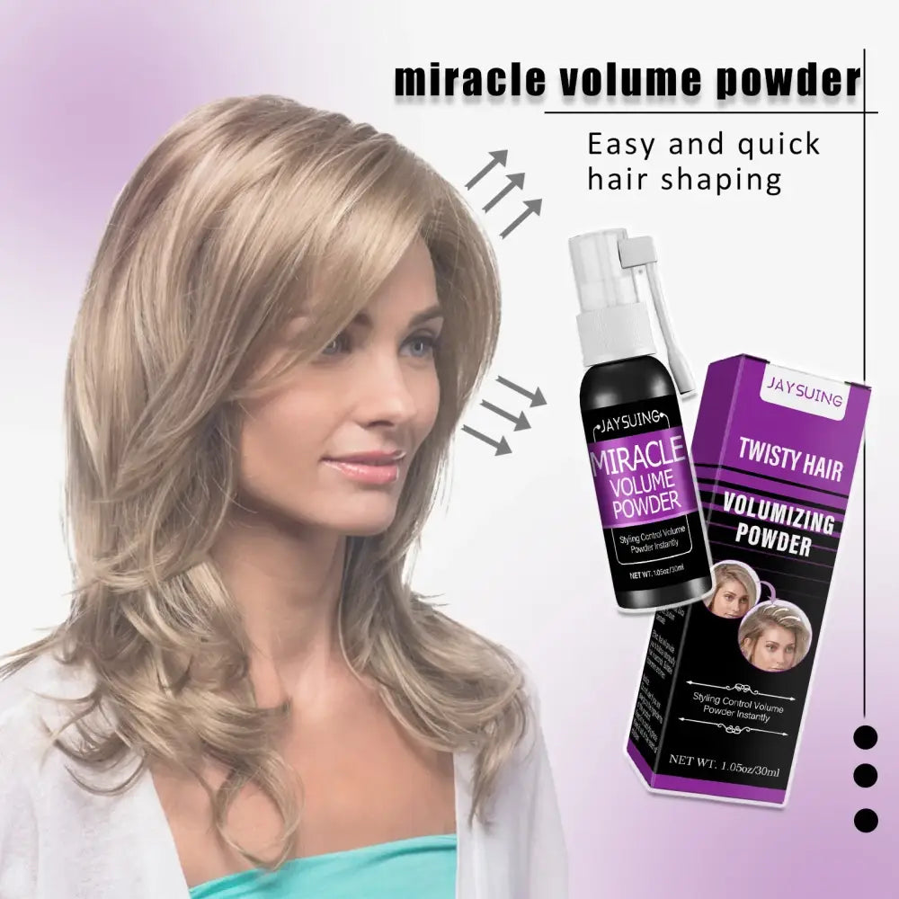 Hair volumizing powder product with packaging and a model showcasing voluminous blonde hair.