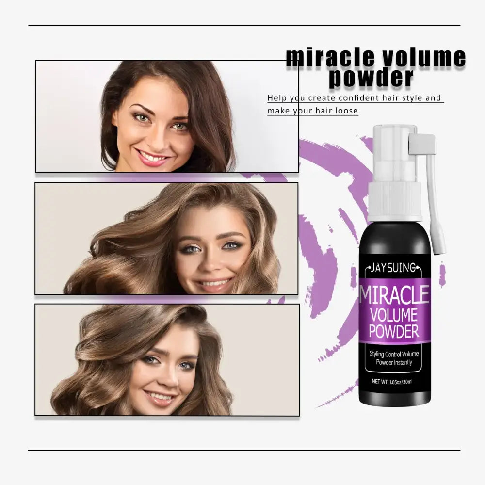 Hair volumizing powder product with accompanying before and after photos showing increased hair volume.