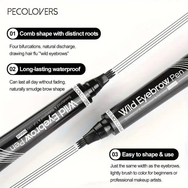 Eyebrow pen with a comb-shaped tip for precise application and long-lasting waterproof formula.