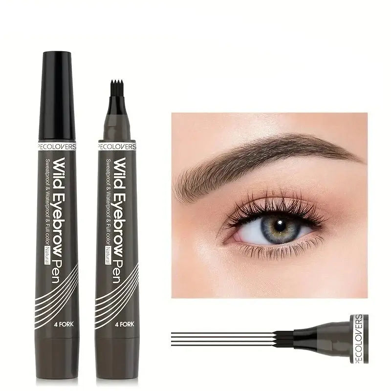 Eyebrow pen with a fork-tipped applicator for creating natural-looking brow strokes.