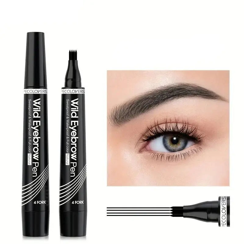 Eyebrow pen with a fork-tipped applicator for creating hair-like strokes.