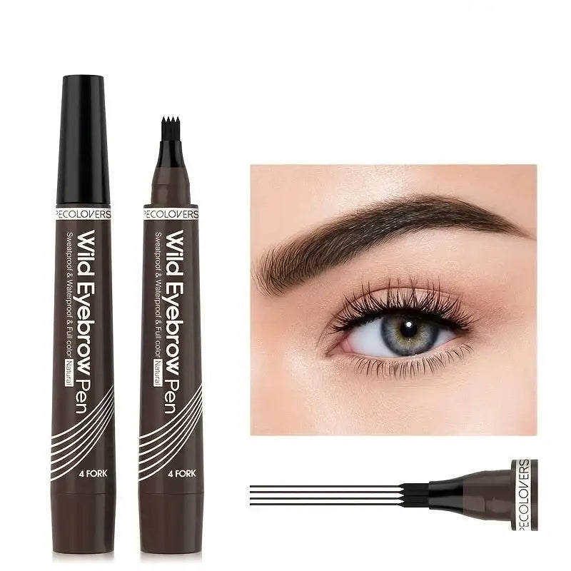 Eyebrow pen with a fork-tipped applicator for creating natural-looking brow strokes.