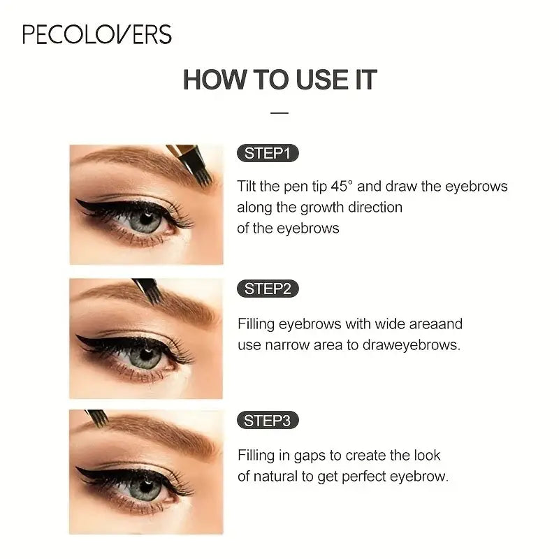 Step-by-step guide for applying eyebrow makeup using a product called Pecolovers.