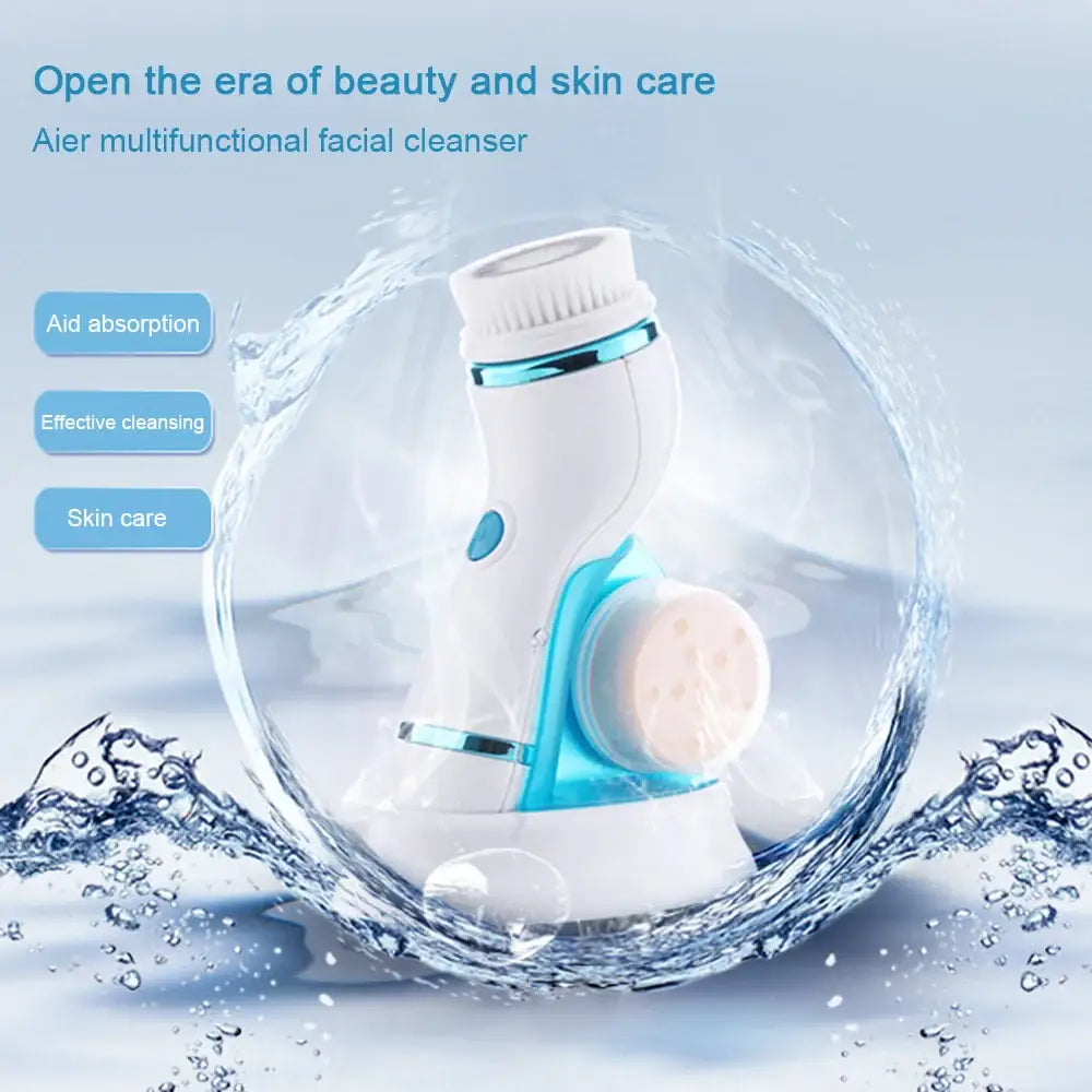 Multifunctional facial cleansing device with a white body and teal accents.