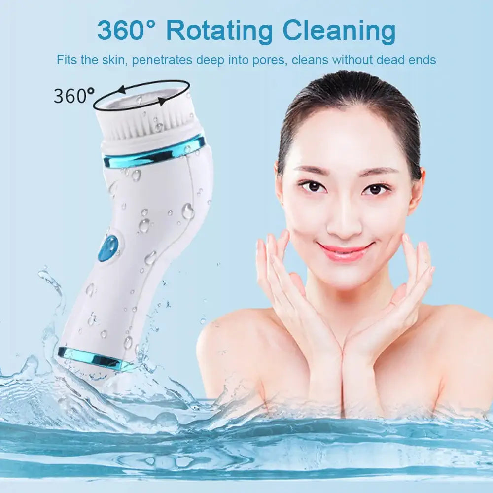 Rotating facial cleansing brush device with water-resistant design.