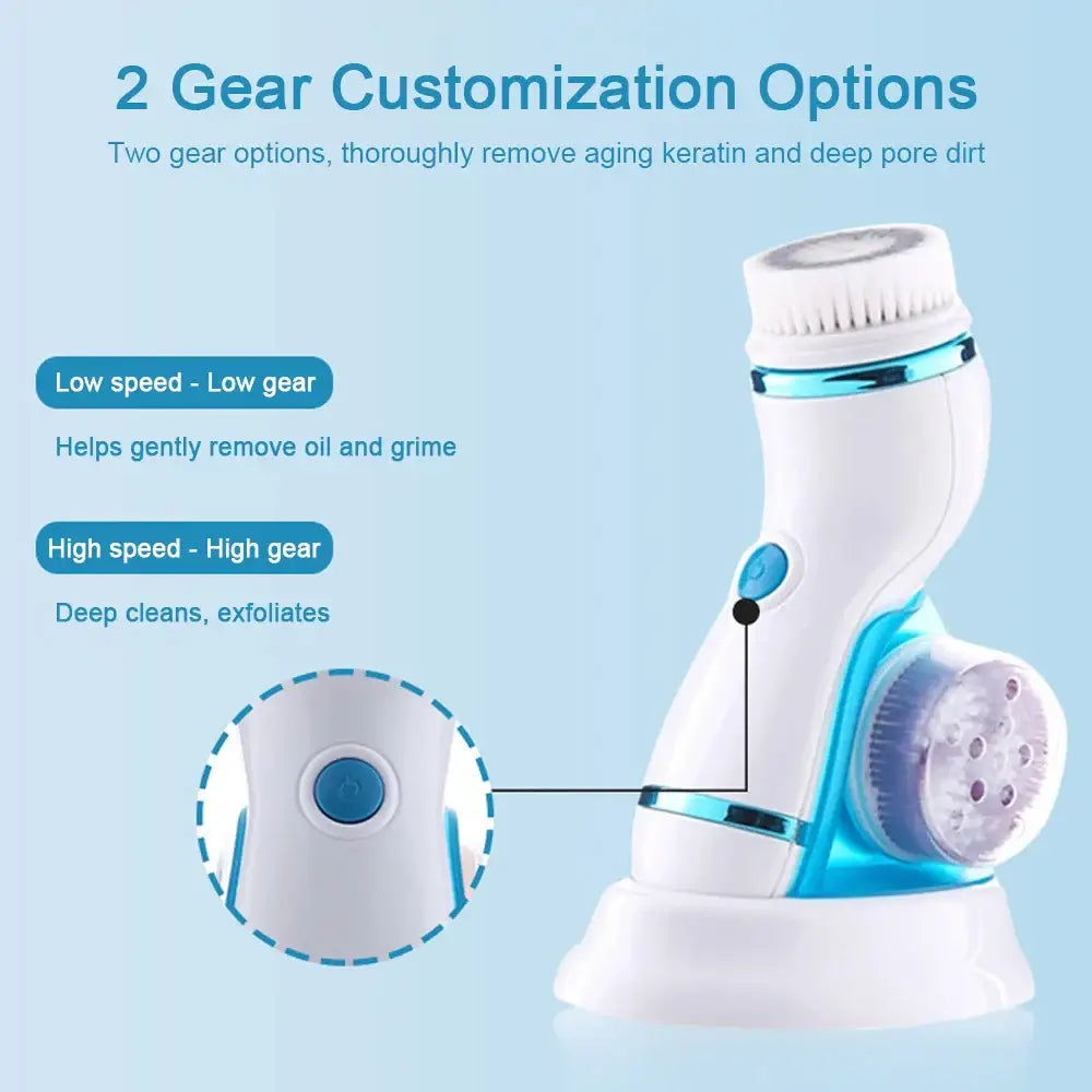 Electric facial cleansing brush with two speed settings for customized skincare.