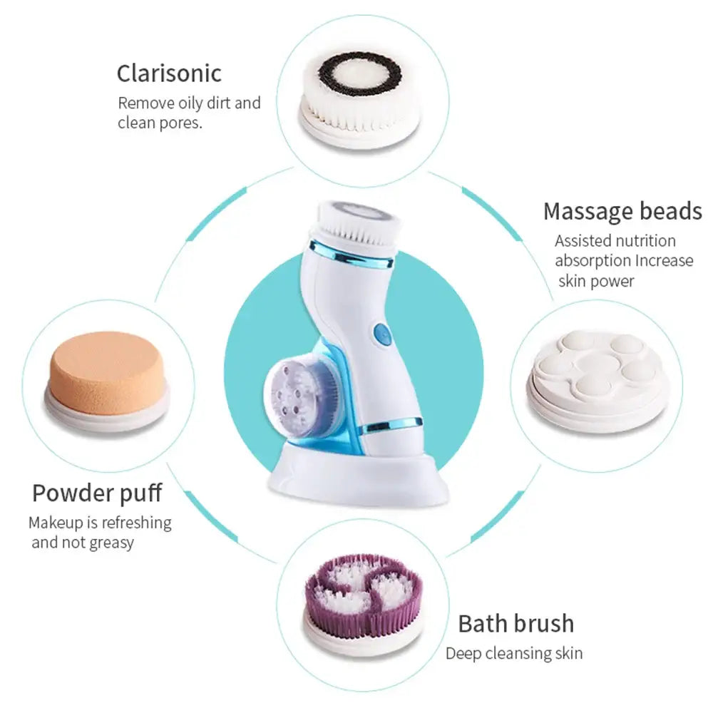 Electric facial cleansing brush with multiple attachments for skincare.