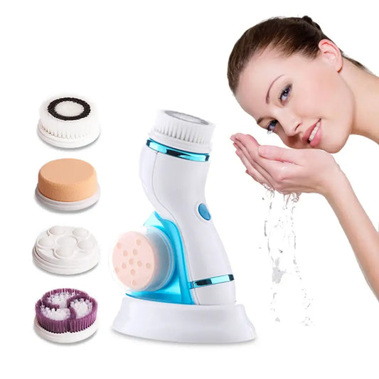 Electric facial cleansing brush with interchangeable heads.