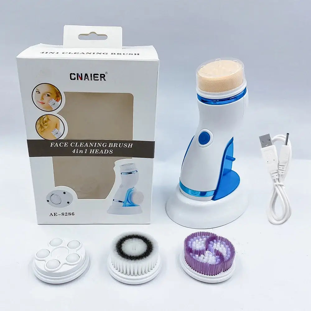 Face cleaning brush with multiple brush head attachments and a charging base.