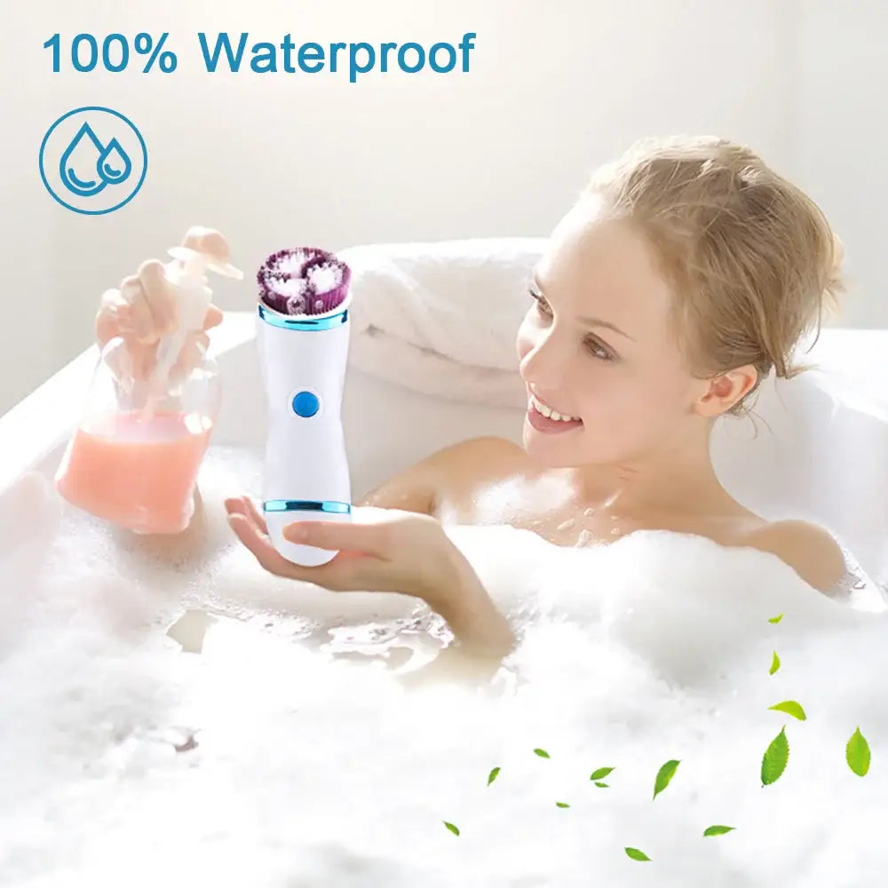 Waterproof handheld electronic beauty device with a glowing blue and pink top.