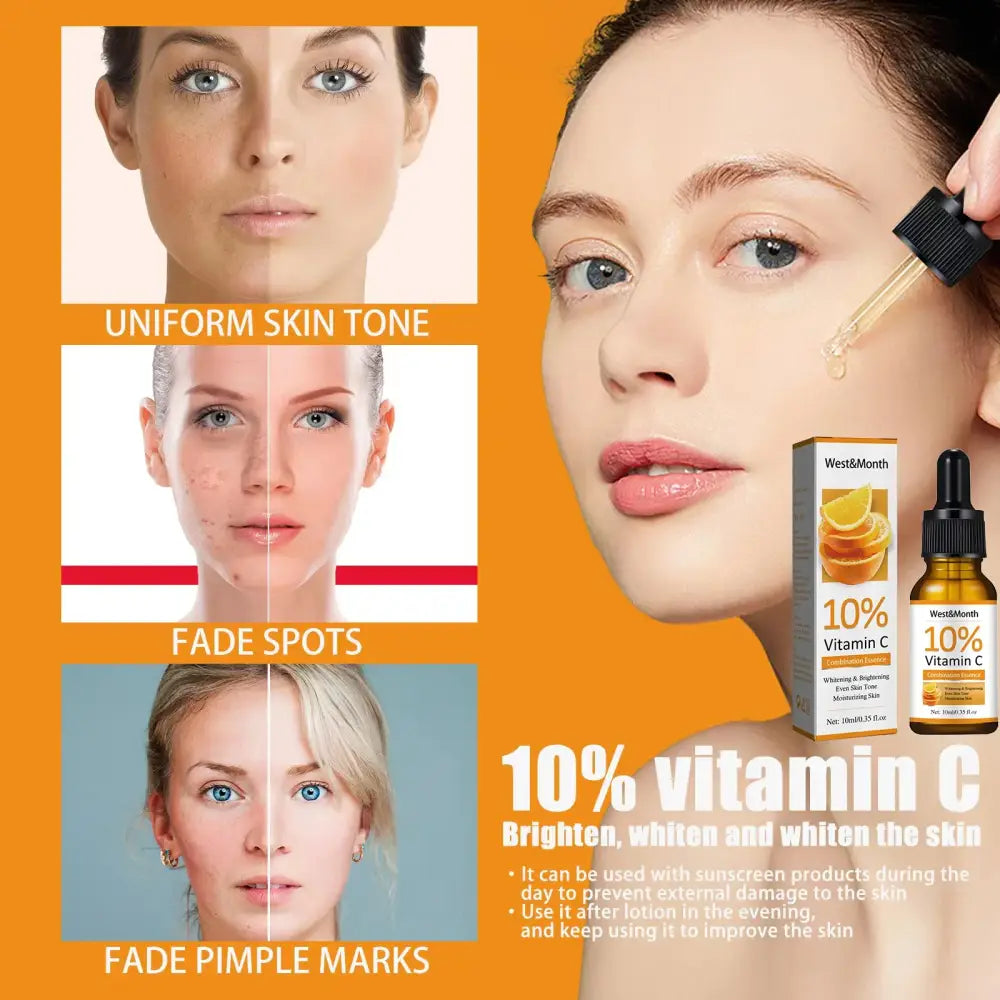 Advertisement for a vitamin C skincare product highlighting its benefits for skin tone and blemishes.