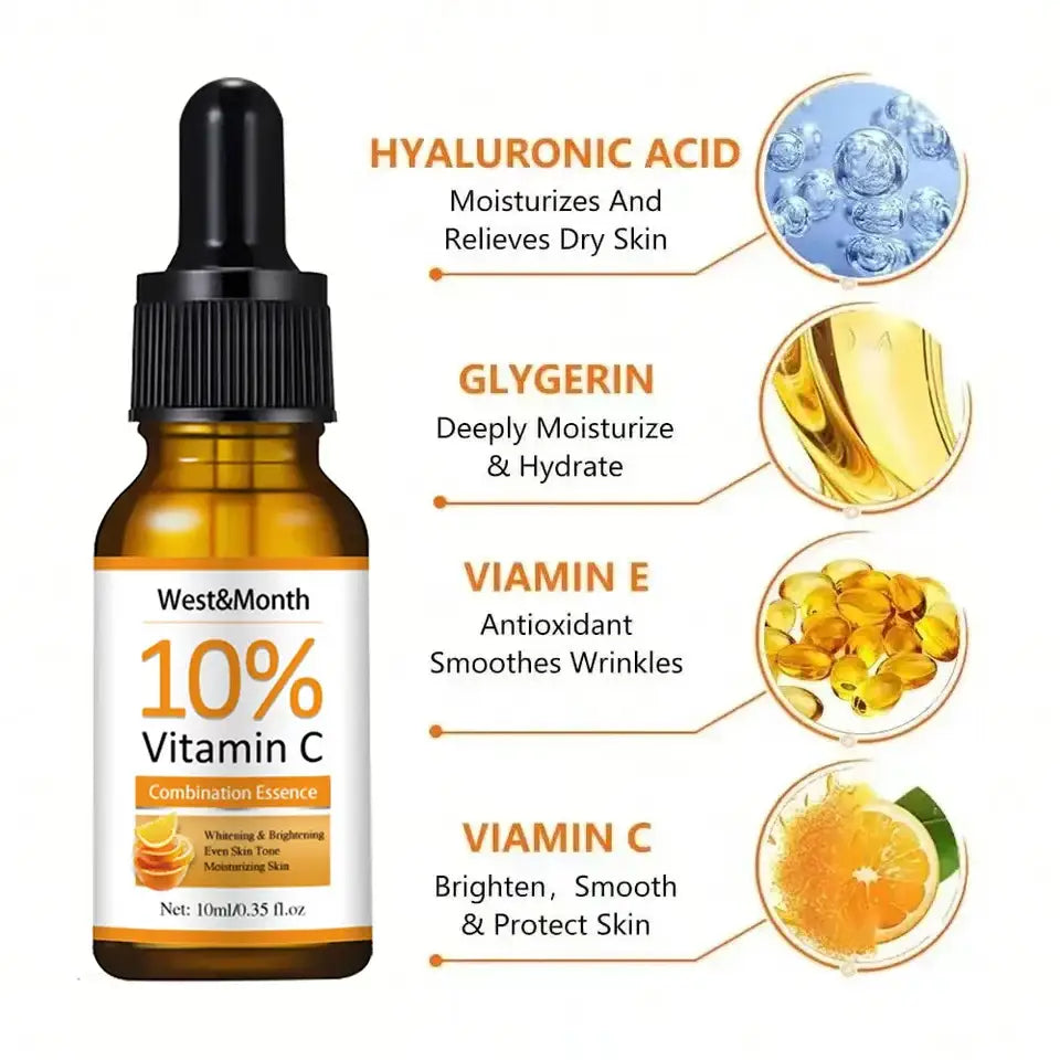 Amber glass dropper bottle of 10% Vitamin C serum with ingredient benefits listed.