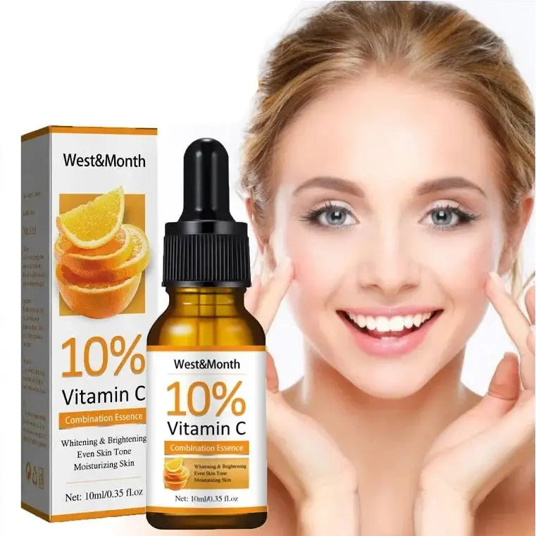 Bottle of 10% Vitamin C serum by West&Month with its product packaging.