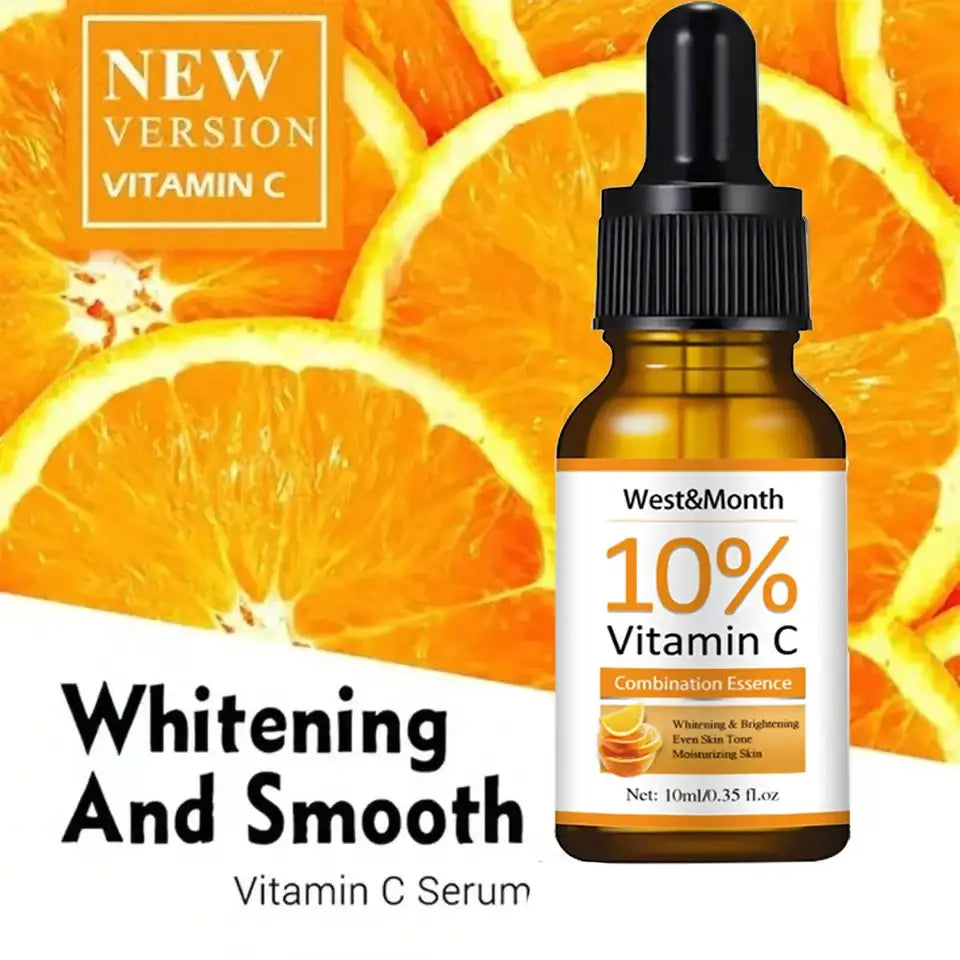 Bottle of 10% Vitamin C serum for skin whitening and smoothing.