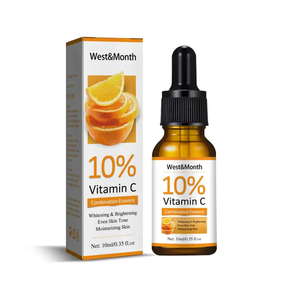 Bottle of 10% Vitamin C serum with its product packaging.