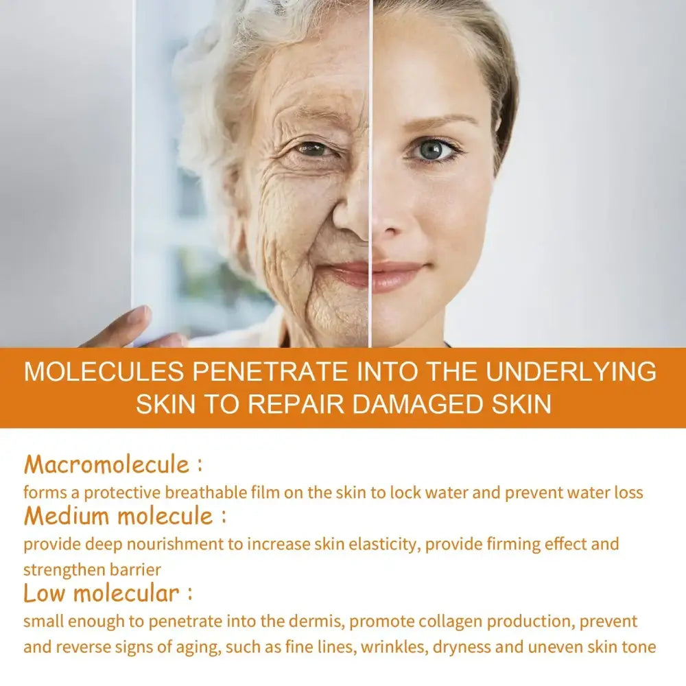 Split-face portrait showing aging on one side and youthful appearance on the other, with text describing skin repair molecules below.