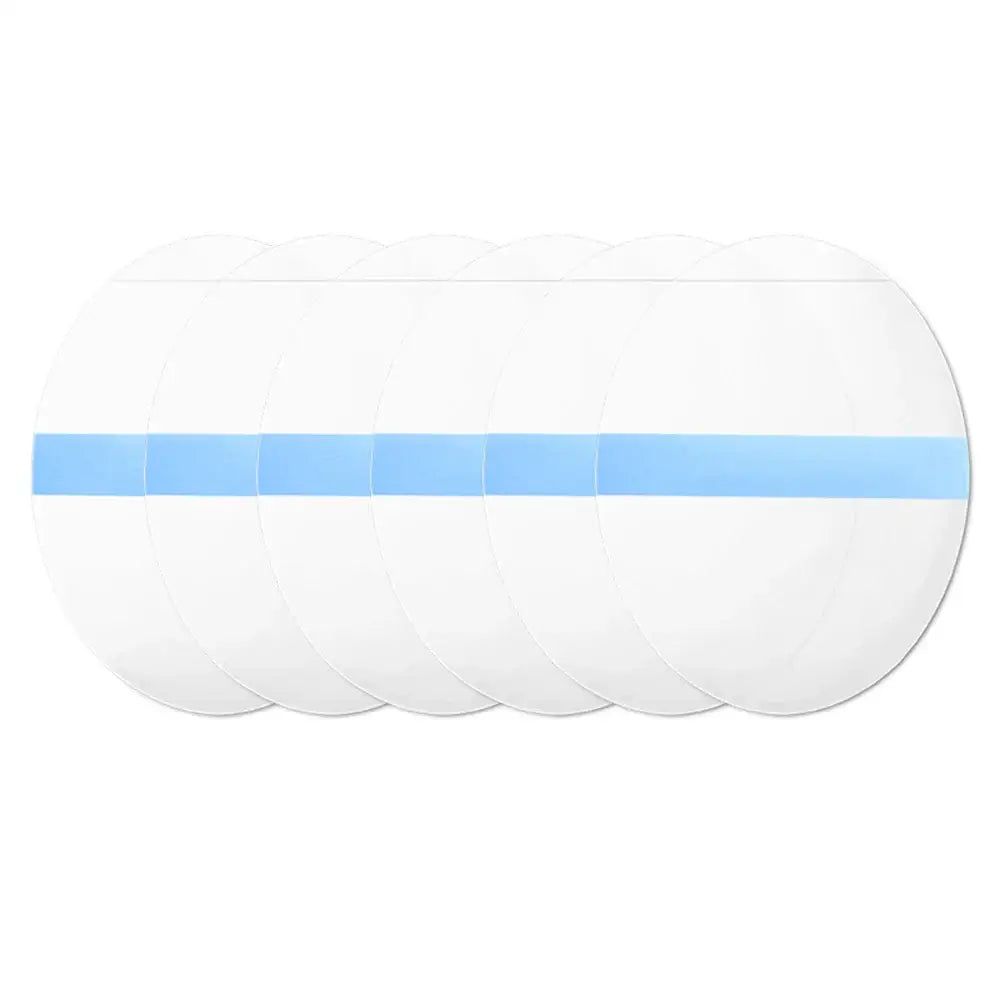 Oval-shaped white cotton pad with a blue stripe across the middle.