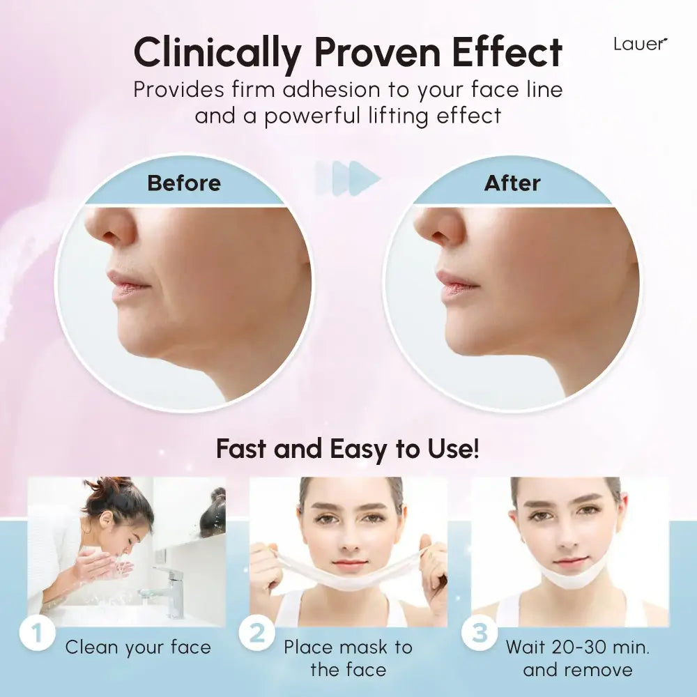 Advertisement for a facial lifting mask or treatment showing before and after results and application steps.