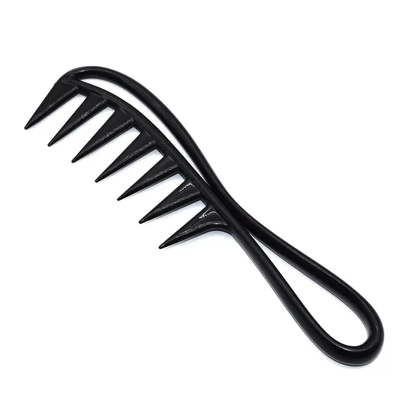 Black plastic wide-toothed comb with a handle.