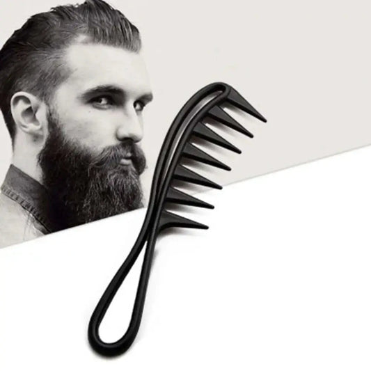 Wide-toothed black plastic comb with a handle.