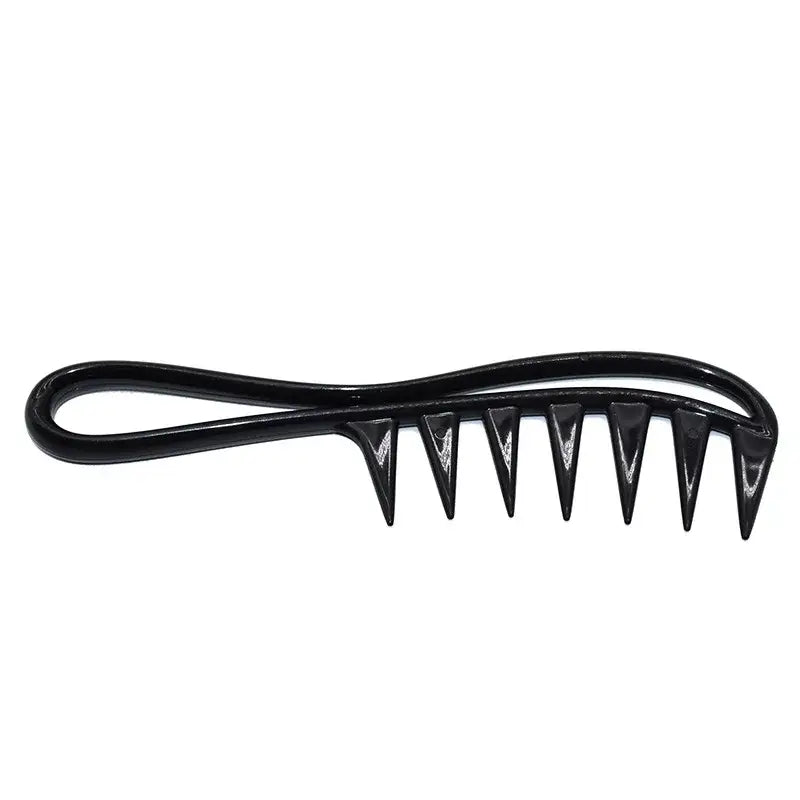 Black plastic wide-toothed comb with a handle.