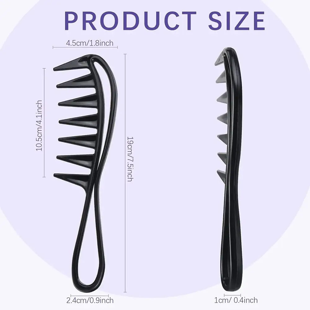 Black plastic hair detangling comb with wide-spaced teeth and a handle.