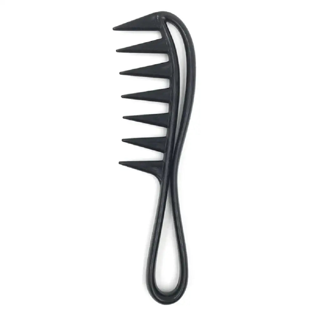 Wide-toothed comb with a handle for detangling hair.