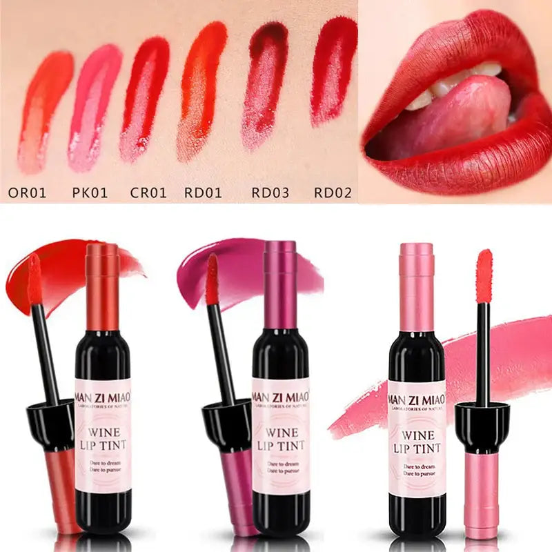 Wine bottle-shaped lip tint containers with applicator wands and swatches of various red lipstick shades.